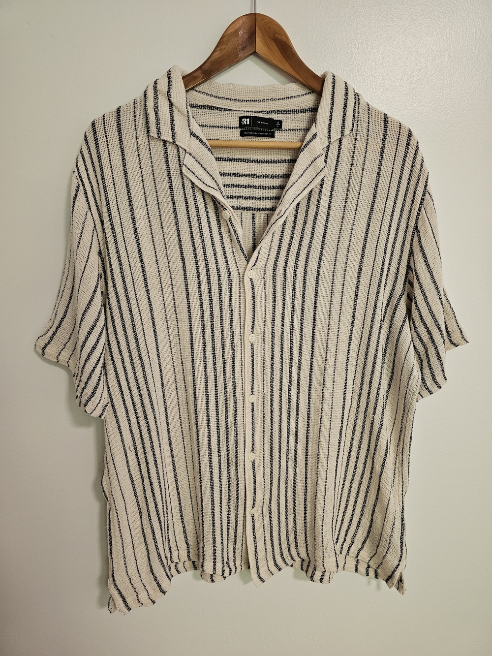 Le 31 Simons Striped Cream Short-Sleeve Button-Down Shirt 100% Cotton Size L Men